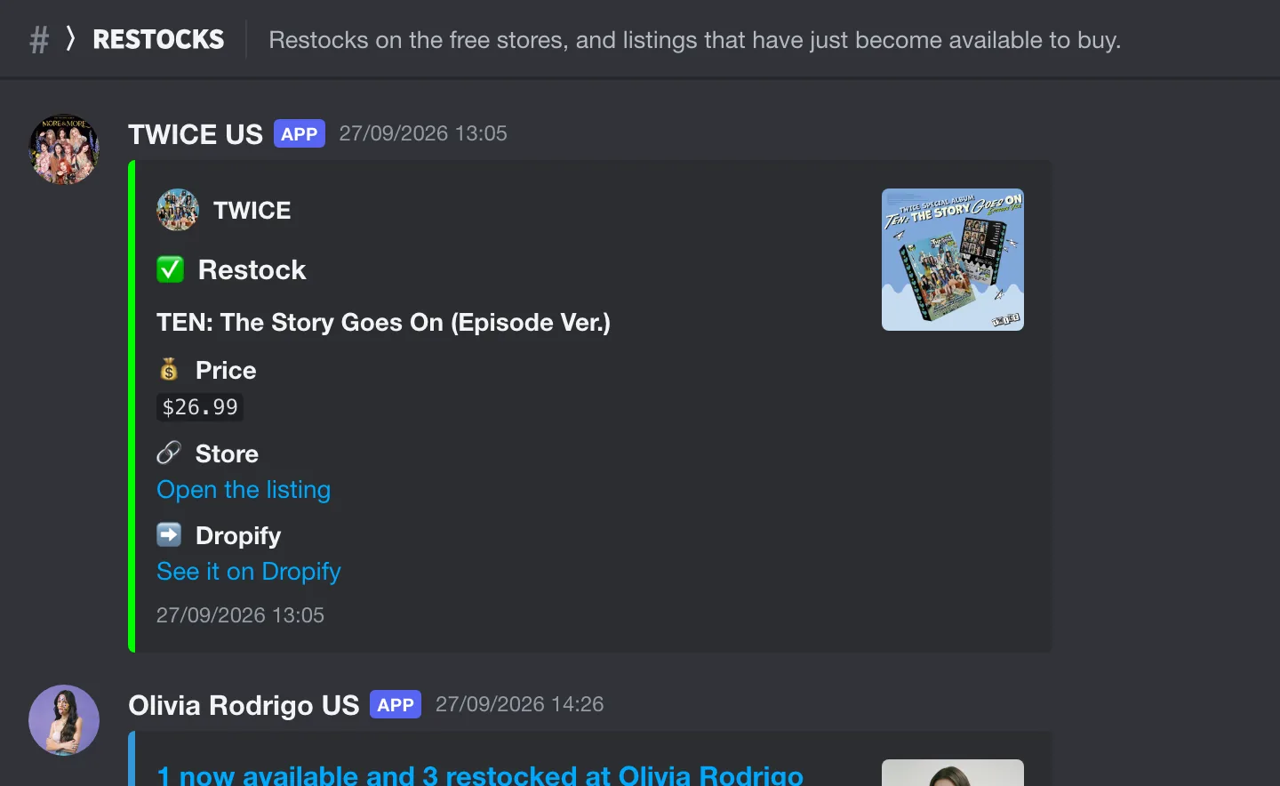 Two Dropify alerts in Discord: a TWICE album back in stock, then four Olivia Rodrigo products, one now available and three restocked, each with its price