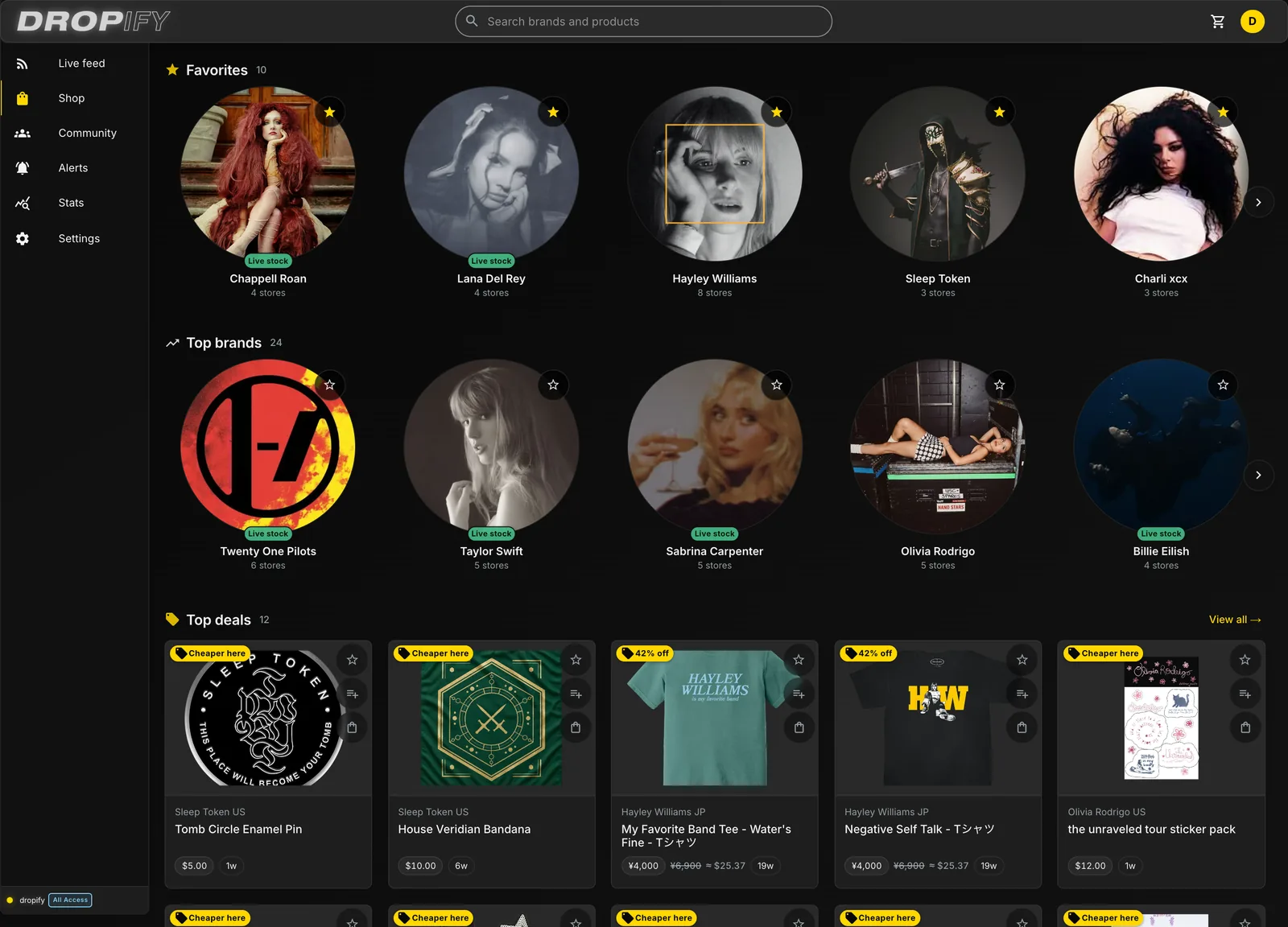 The Shop page of the Dropify app: nine starred artists in a row, led by Chappell Roan, Lana Del Rey, Hayley Williams, Sleep Token and Charli xcx, then Top brands and Top deals
