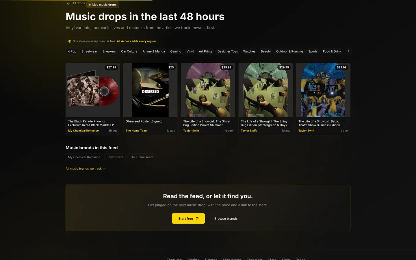 The music drops board on Dropify, then the artist page a drop links to, each price in its store’s currency